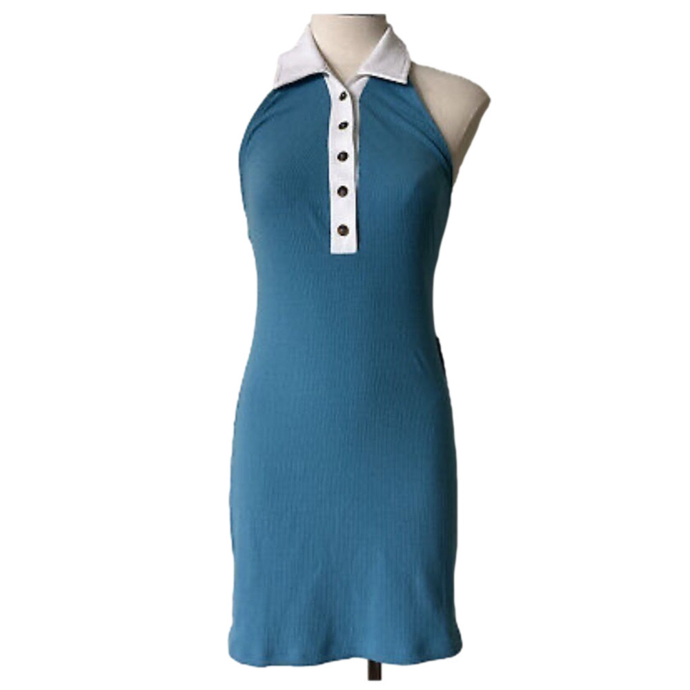 Urban Outfitters Dalton Collared Mini Dress Blue Ribbed Large Halter Top NWT